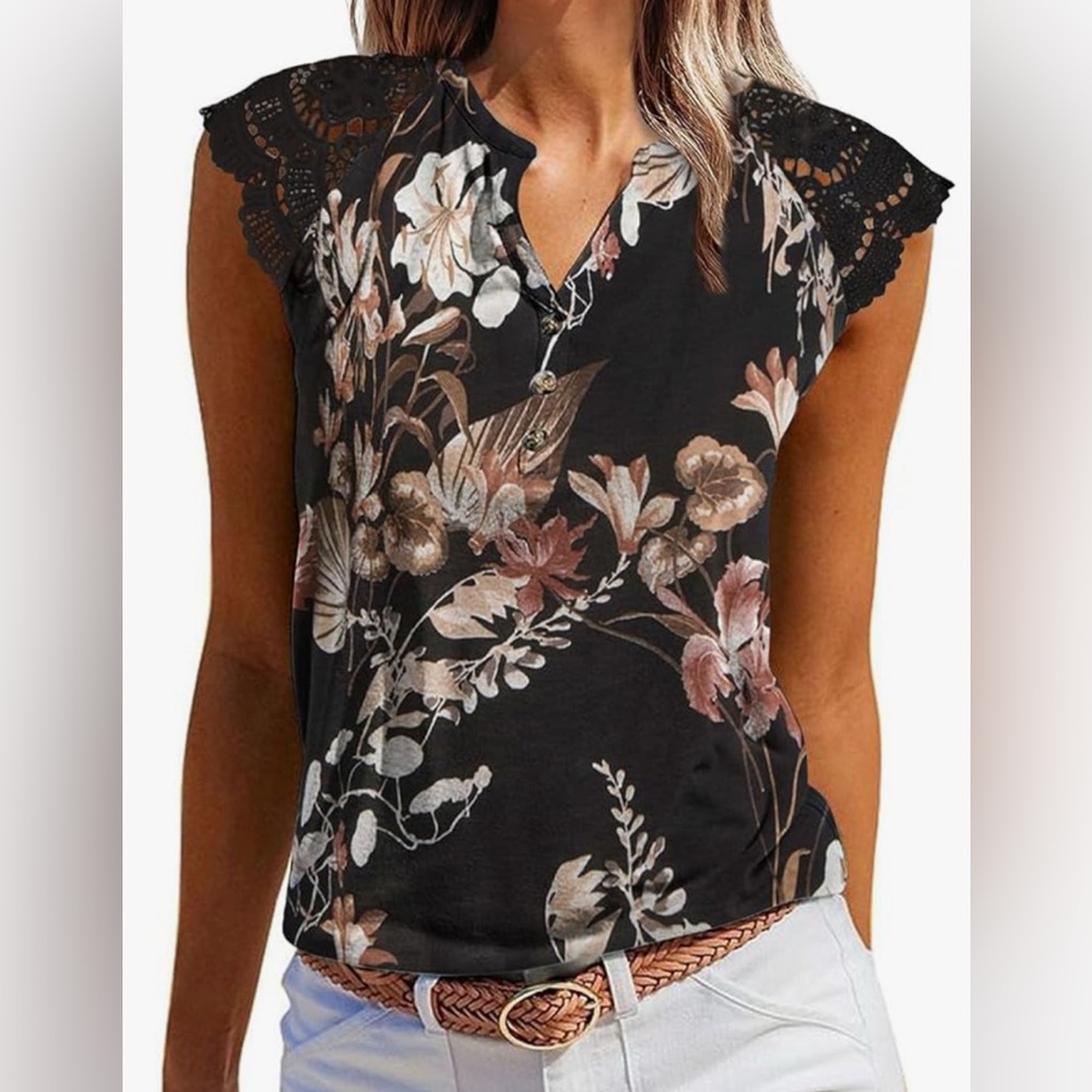Floral Black Top with Lace Sleeves